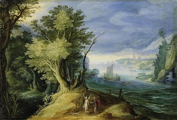 Pilger Mit Einem Engel In Weiter Flusslandschaft Oil Painting by Paul Bril