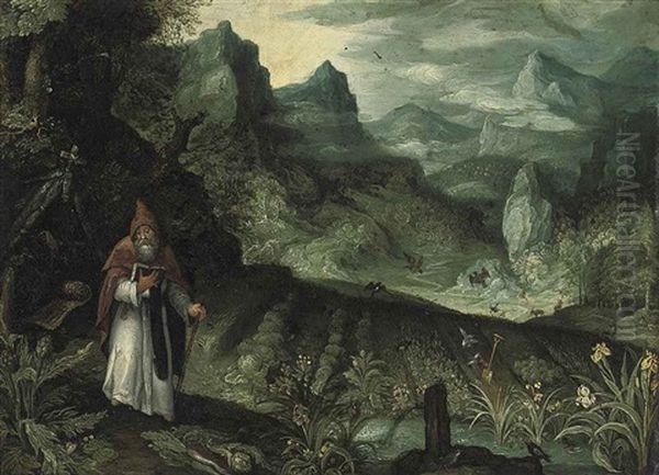 An Extensive Landscape With Saint Anthony Abbot Before His Field Of Crops Oil Painting by Paul Bril