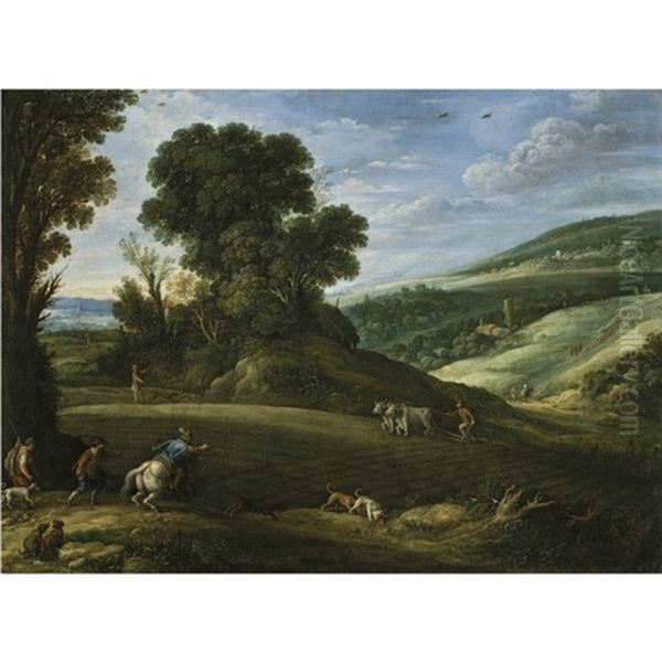 An Extensive Landscape With Hunters Crossing A Field Being Ploughed Oil Painting by Paul Bril