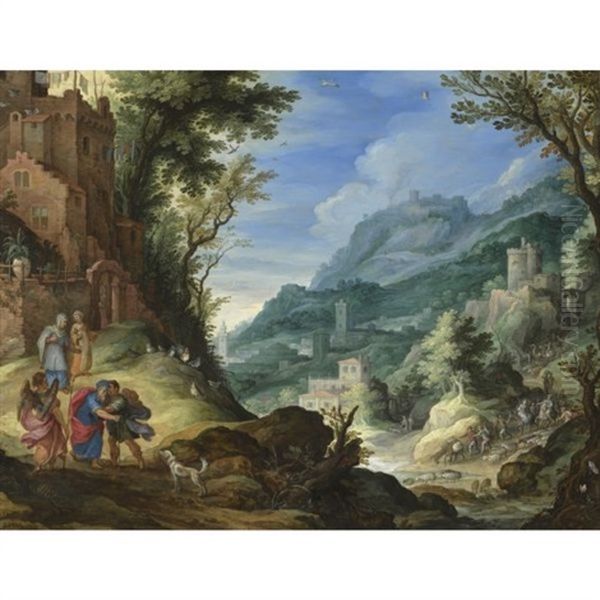 An Extensive Landscape With Tobit, Tobias And The Archangel Raphael Oil Painting by Paul Bril