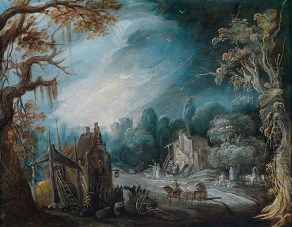 Phantasievolle Landschaft Mit Hutten Und Einem Pferdefuhrwerk Oil Painting by Paul Bril