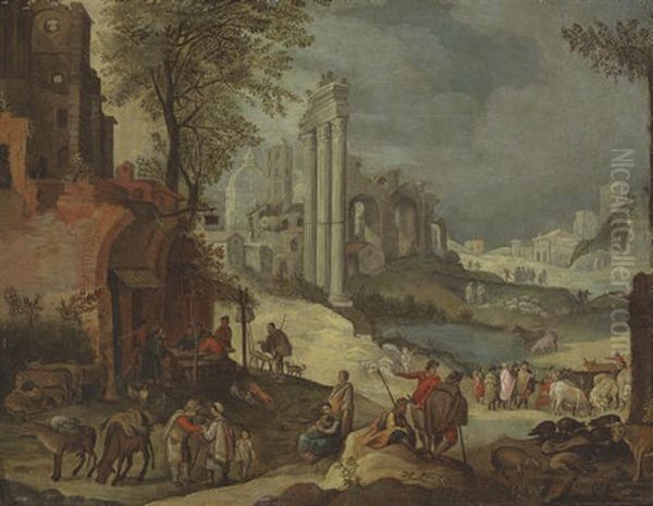 Figures Resting By An Inn, A Capriccio Of Roman Ruins Including The Temple Of Castor And Pollux Beyond Oil Painting by Paul Bril