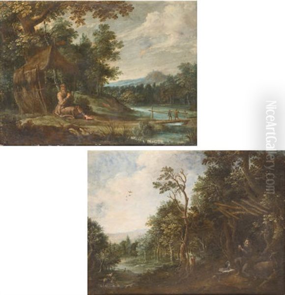 A Hermit Saint In A Wooded River Landscape (+ A Hermit Saint In A Wooded River Landscape; 2 Works) Oil Painting by Paul Bril