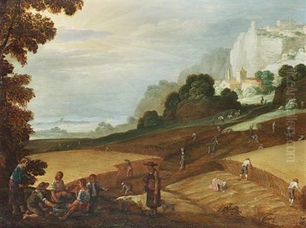 An Extensive Landscape With Figures Harvesting, A Hilltop Village Beyond Oil Painting by Paul Bril