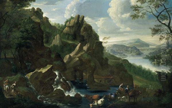 Gebirgige Fluslandschaft Mit Hirten Und Herde Oil Painting by Paul Bril