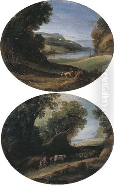 An Italianate Wooded Landscape With Herdsmen And Their Cattle On A Path (+ An Extensive Italianate Landscape With Horsemen And Travellers, A River Beyond; 2 Works) Oil Painting by Paul Bril