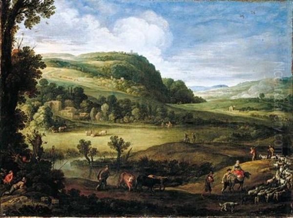 An Extensive Landscape With Herders Guiding Their Goats And A Man Attempting To Trap Birds In The Foreground Oil Painting by Paul Bril