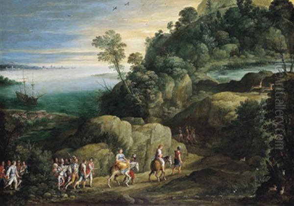 Weite Bewaldete, Gebirgige Kustenlandschaft Mit Dem Von Raubern Entfuhrten Liebespaar Theagenes Und Chariklea Oil Painting by Paul Bril