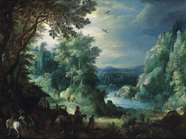 Bewaldete Flusslandschaft Mit Reitern, Einer Zigeunerin, Die Einem Kavalier Aus Der Hand Liest Und Einem Pferdewagen, Im Hintergrund Eine Burgruine Und Ein Turm Oil Painting by Paul Bril