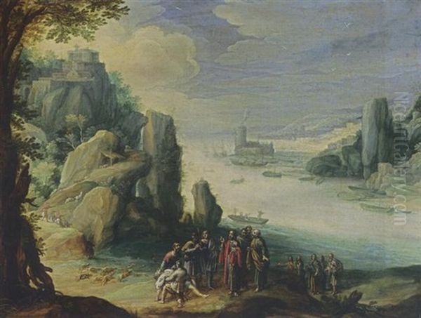 An Extensive River Landscape With Christ Healing The Possessed Of Gerasa Oil Painting by Paul Bril