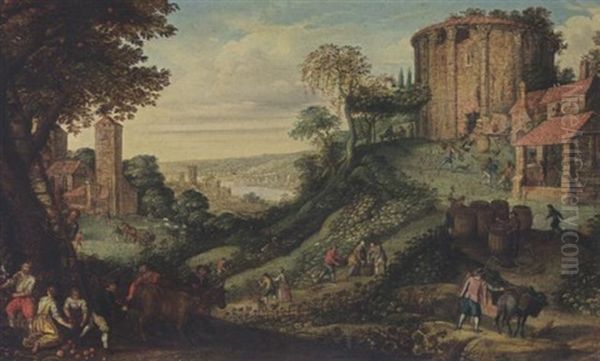 An Extensive Landscape With Peasants Harvesting Fruit, The Temple Of Vesta To The Right, A River In The Distance Oil Painting by Paul Bril