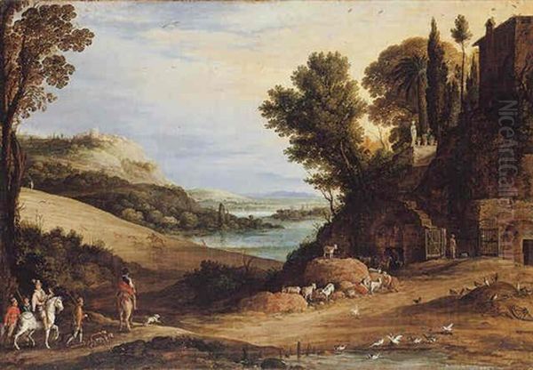 An Italianate Landscape With A Hawking Party Approaching A Villa, Other Huntsmen And A Hilltop Town Beyond Oil Painting by Paul Bril