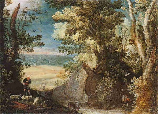 A Wooded Landscape With Herdsman Tending Goats In The Foreground, A View Of A Town In The Distance Oil Painting by Paul Bril