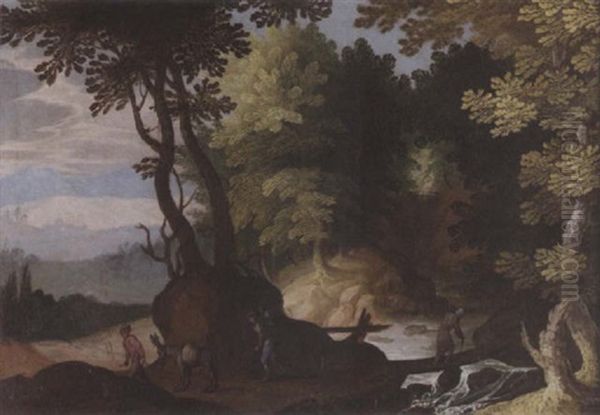 A Wooded River Landscape With Travellers On A Path Beside A Mountain Stream In The Foreground Oil Painting by Paul Bril