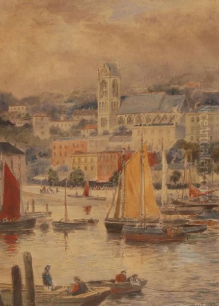 Boats Intorquay Harbour Oil Painting by Charles Frederick Allbon