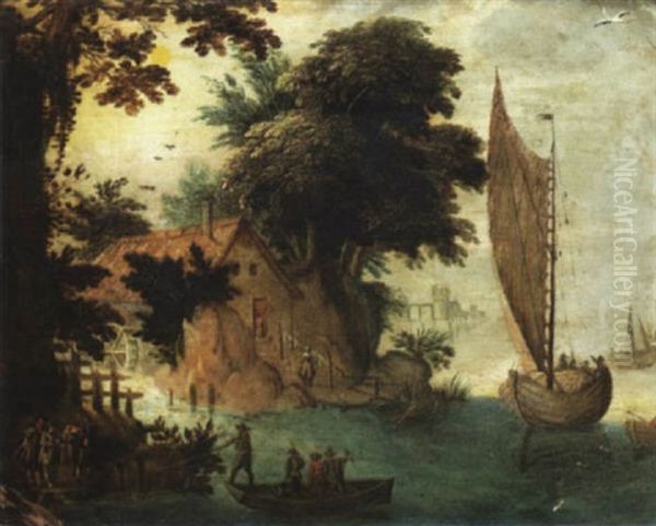 Navires Pres D'un Moulin A Eau Oil Painting by Paul Bril