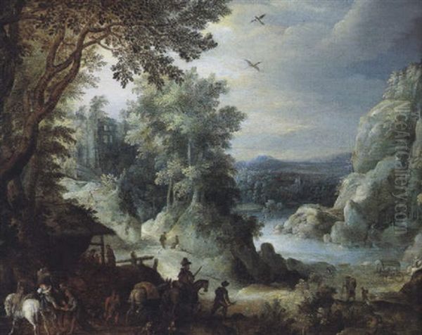 Bewaldete Fluslandschaft Mit Reitern Zigeunerin Oil Painting by Paul Bril