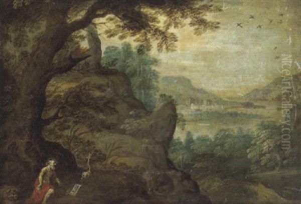 Gebirgige Fluslandschaft Mit Dem Heiligen Hieronymus Mit Dem Lowen Oil Painting by Paul Bril