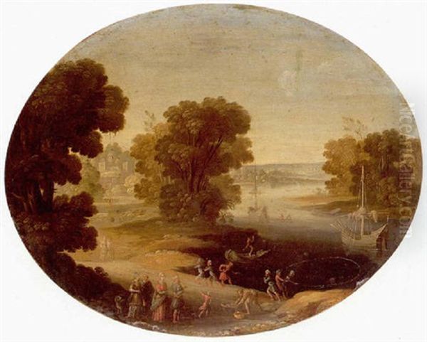 A River Landscape With A King And His Retinue (polycrates Of Samos?) Finding The Ring Oil Painting by Paul Bril