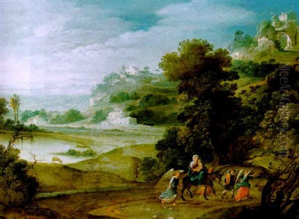 Gebirgige Fluslandschaft Mit Der Flucht Nach Agypten by Paul Bril