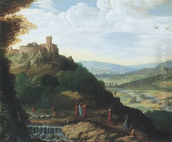 An Extensive Landscape With Christ On The Road To Emmaus Oil Painting by Paul Bril