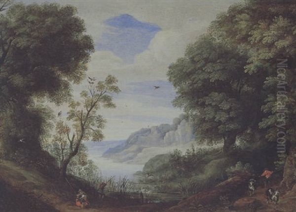 Bewaldete Flusslandschaft Mit Hirt Und Anglern Oil Painting by Paul Bril