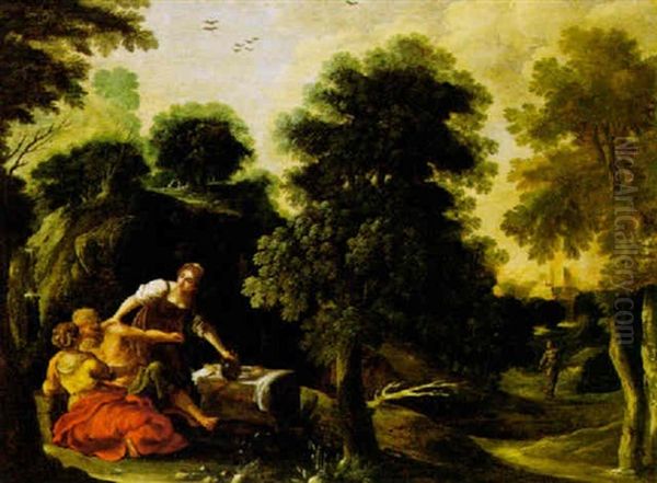 Lot E Le Figlie, Sullo Sfondo La Distruzione Di Sodoma Oil Painting by Paul Bril