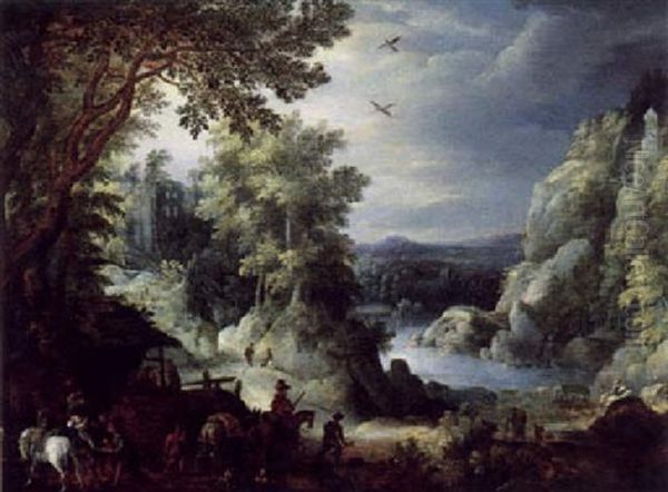 Bewaldete Fluslandschaft Mit Reitern, Einer Zigeunerin, Die Einem Kavalier Aus Der Hand Liest Oil Painting by Paul Bril