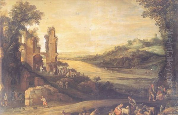 Landscape With Villagers And Ruins In The Background Oil Painting by Paul Bril