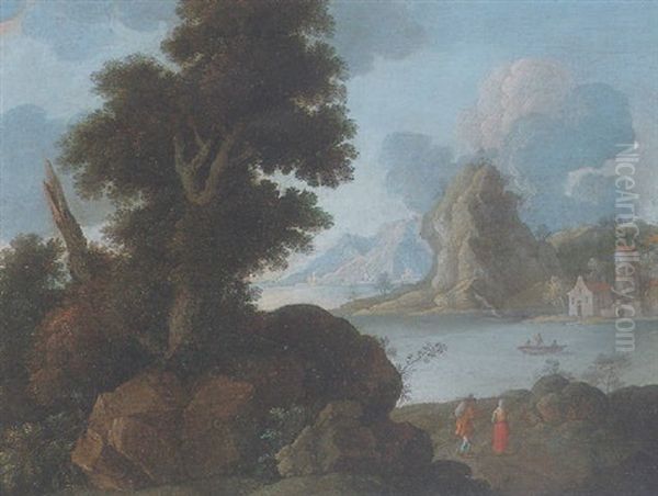 A Mountainous Coastal Landscape With Travellers On A Path In The Foreground, Figures In A Boat And A Church Beyond Oil Painting by Paul Bril