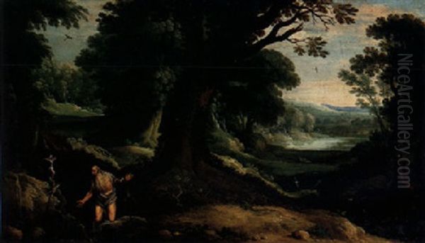 A Wooded Landscape With A Hermit Saint Kneeling Before A Crucifix Oil Painting by Paul Bril