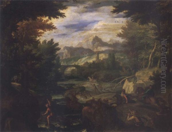 Extensive Landscape With A Stag Hunt Oil Painting by Paul Bril