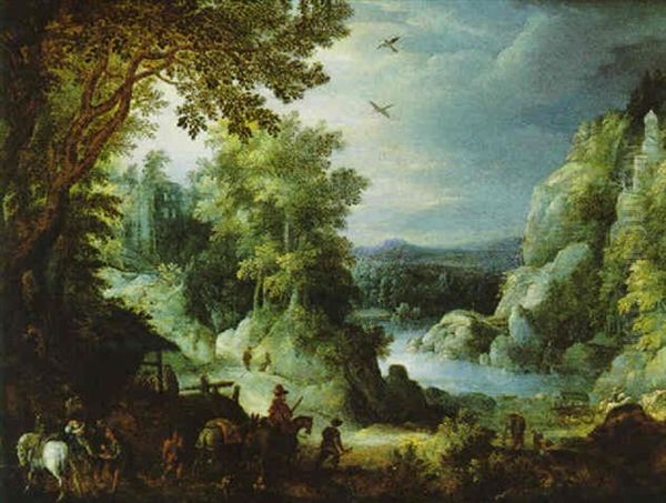 Bewaldete Fluslandschaft Mit Reitern Und Pferdewagen Und Einer Zigeunerin, Die Einem Kavalier Aus Der Hand Liest, Im Hintergrund Burgruine Und Turm Oil Painting by Paul Bril