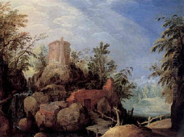 A Rugged, Rocky River Landscape With Trees And Ruins By A Rustic Bridge Oil Painting by Paul Bril