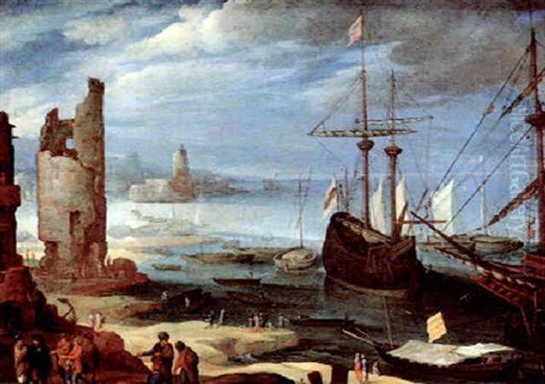 A Southern Port With Boats And Many Figures Oil Painting by Paul Bril