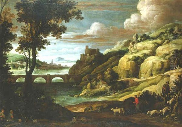 An Extensive Landscape With A Castle On A Hill Above A Bridge With Shepherds On A Path And Birdcatchers Resting In The Foreground Oil Painting by Paul Bril