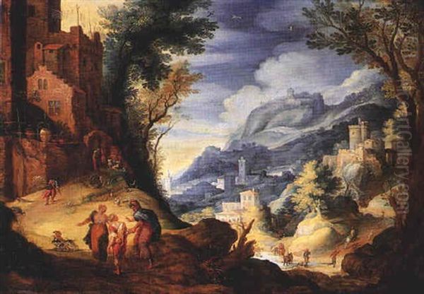 Paysage Montagneux Anime De Personnages Avec Le Retour Du Fils Prodigue Oil Painting by Paul Bril