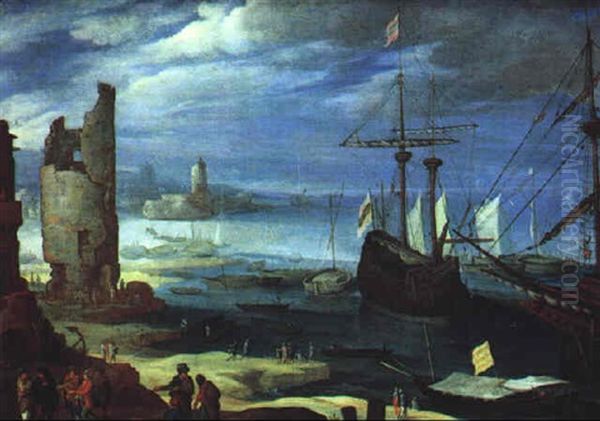 Sudlicher Hafen Mit Schiffen Und Vielen Figuren Oil Painting by Paul Bril