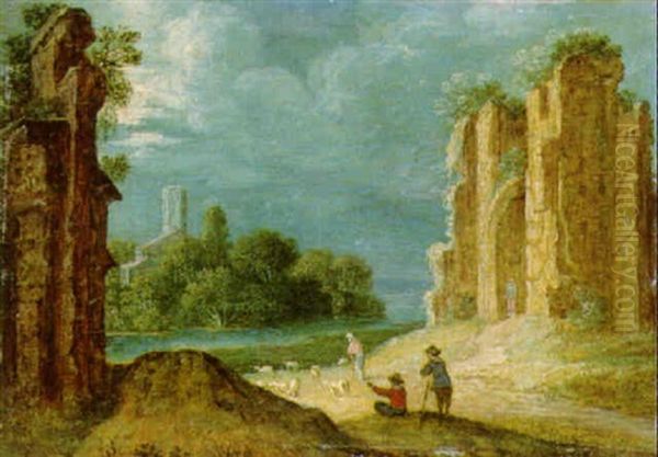 Peasants By Ruins, A River And A Tower Beyond Oil Painting by Paul Bril