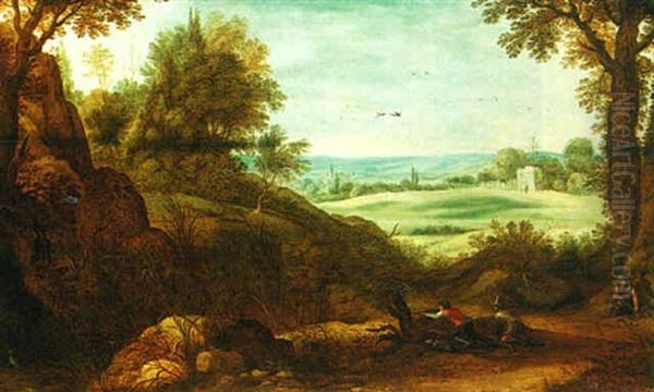 A Wooded Landscape With Huntsmen Oil Painting by Paul Bril