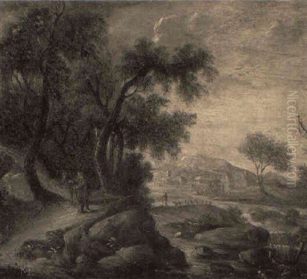 River Landscape With Figure And Horse On A Path In Foreground Oil Painting by Paul Bril