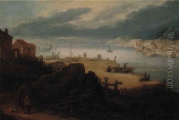 River Landscape With Moored Boats And Figures Oil Painting by Paul Bril