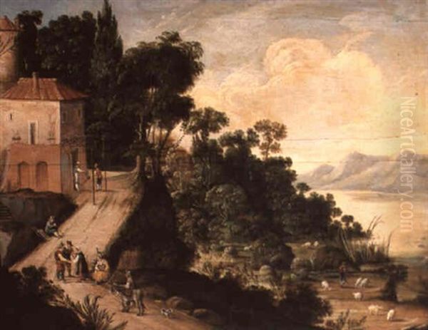 River Landscape With Figures Outside An Inn Oil Painting by Paul Bril