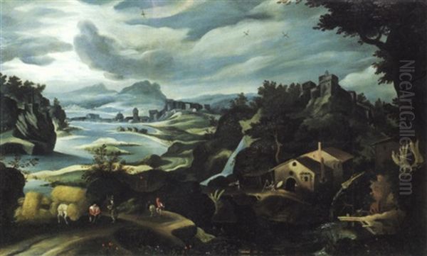 Paesaggio Fluviale Con  Mulino E Contadini Oil Painting by Paul Bril