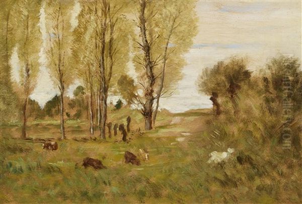 Tree Landscape With Cows Oil Painting by Louis Georges Brillouin