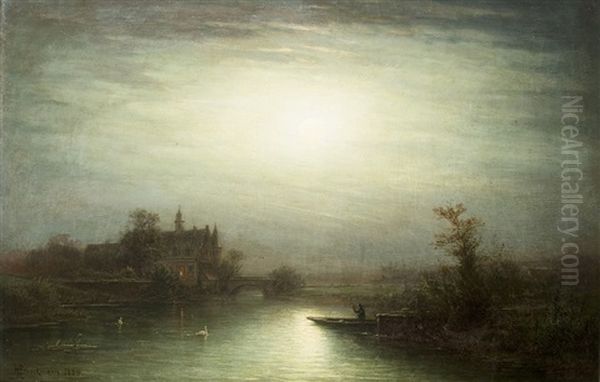 Moonlit Night At The Castle Pond Oil Painting by Hermann Brinckmann