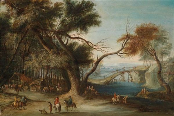 Bewaldete Landschaft Mit Einer Brucke Und Reitern Oil Painting by Philipp Hieronymus Brinckmann