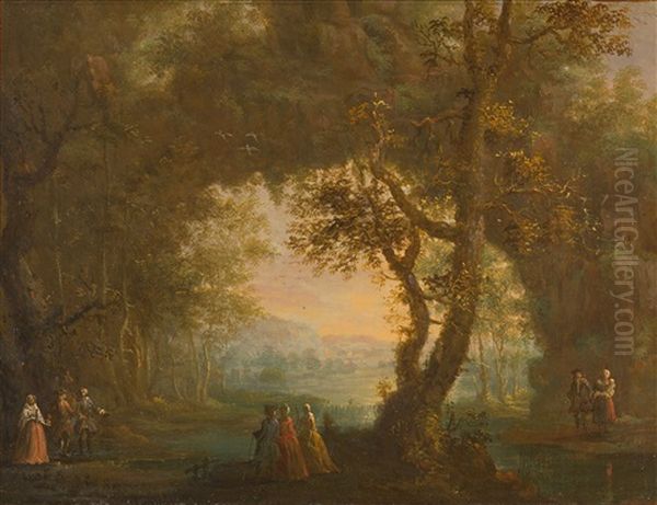 Bewaldete Landschaft Mit Bauern Und Hofischer Gesellschaft Oil Painting by Philipp Hieronymus Brinckmann