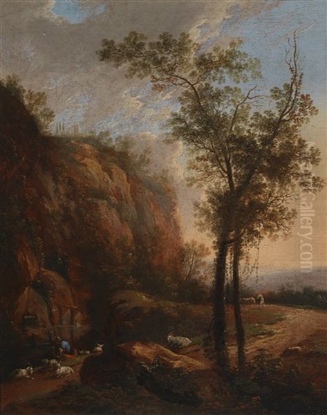 Felsige Landschaft Mit Rastender Ziegenherde Und Hirten Oil Painting by Philipp Hieronymus Brinckmann