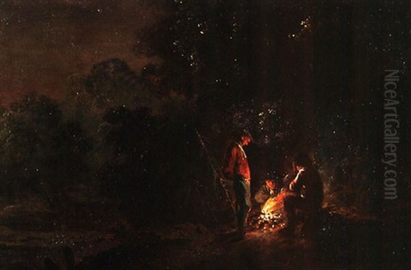 Nachtszene An Einem Waldrand Mit Drei Mannern An Einem Lagerfeuer Oil Painting by Philipp Hieronymus Brinckmann